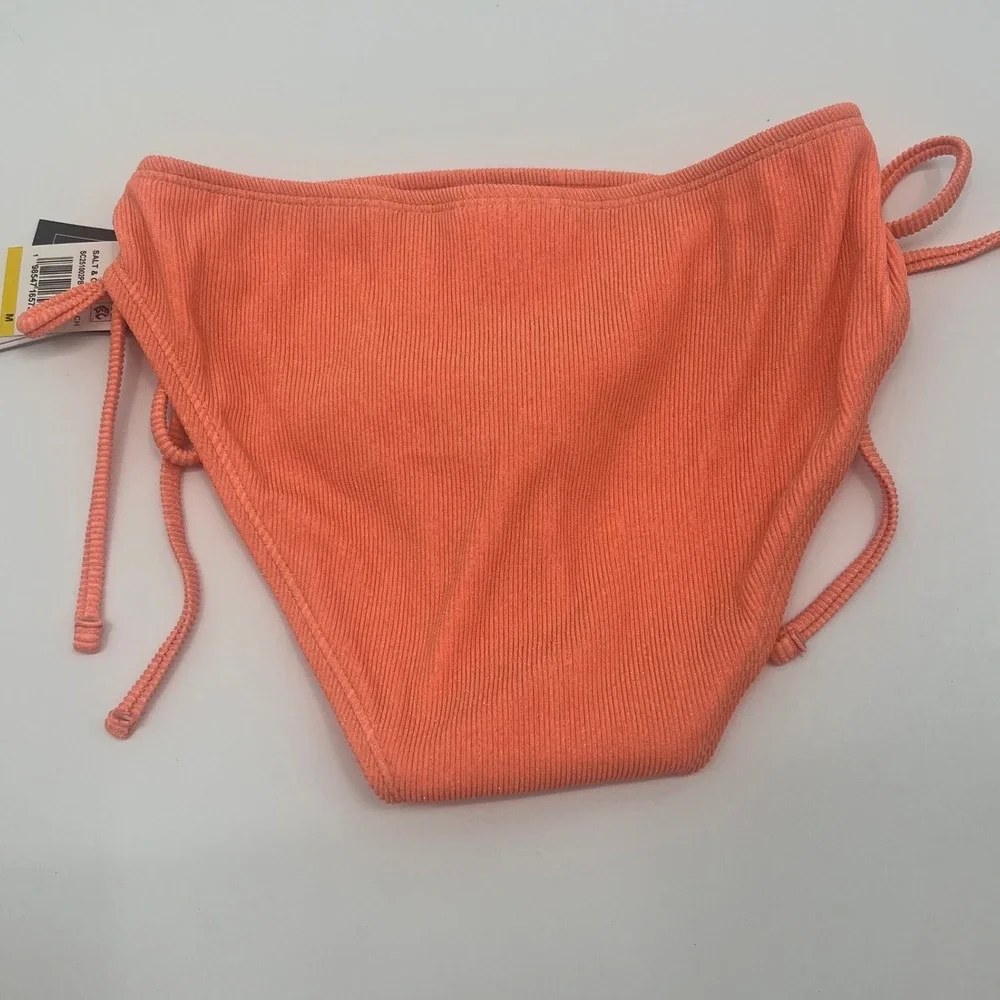 Salt + Cove Peach Ribbed Metallic Side Tie Bikini Bottom SC251002PB Medium